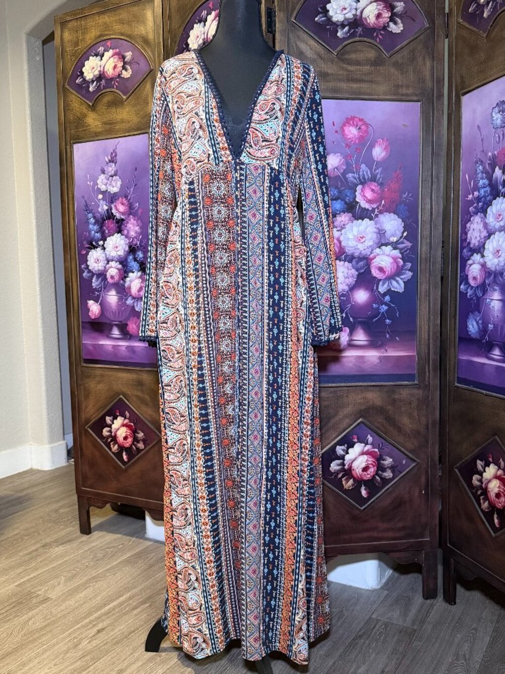 American Rag Boho Paisley Print Long Sleeve Maxi Dress Size L
